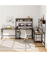 Costway L-shaped Desk with Power Outlet Large Corner Converts to 2-Person Long Rustic