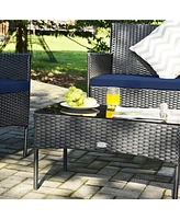 4PCS Patio Rattan Cushioned Sofa Coffee Table Backyard Porch