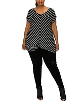 Coin 1804 Plus Size Pointelle Stripe Mitered Twist Front Top