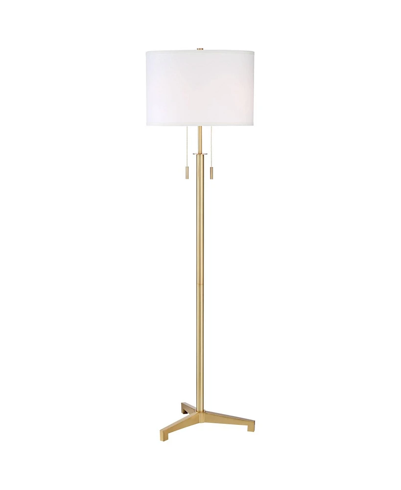 Possini Euro Design Encino Modern Glam Luxe Floor Lamp Standing 60" Tall Antique Brass Gold Metal Tripod Base Off-White Fabric Drum Shade Decor for Li