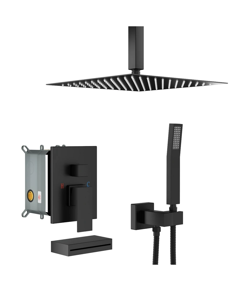 Streamdale Furniture 12" Rain Shower Head Systems With Waterfall Tub Spout, Matte Black, Ceiling Mounted Shower