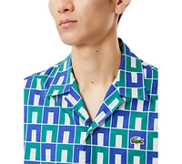 Lacoste Men's Relaxed Fit Short Sleeve Button-Front Printed Camp Shirt