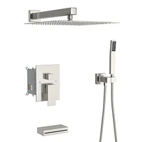12" Rain Shower Head Systems With Waterfall Tub Spout, Brushed Nickel, Wall Mounted Shower 0000