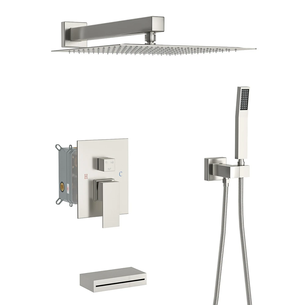 12" Rain Shower Head Systems With Waterfall Tub Spout, Brushed Nickel, Wall Mounted Shower 0000