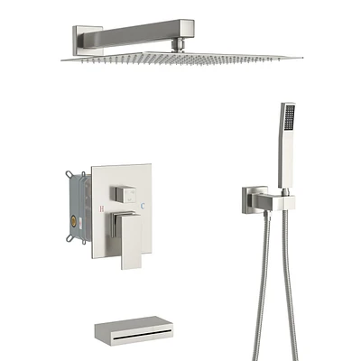 12" Rain Shower Head Systems With Waterfall Tub Spout, Brushed Nickel, Wall Mounted Shower 0000