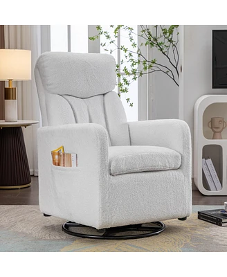 Simplie Fun Teddy Fabric Swivel Rocking Chair Gilder Chair With Pocket, White