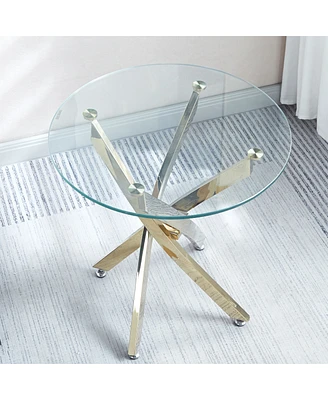 Simplie Fun Modern Round Tempered Glass End Table With Stainless Steel Legs