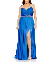 Mac Duggal Plus Size Beaded Belt Faux Wrap A Line Gown