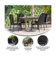 Merrick Lane Set Of 4 Mathias Indoor/Outdoor Black Wicker Patio Chairs With Powder Coated Steel Frame, Comfortably Curved Back And Arms