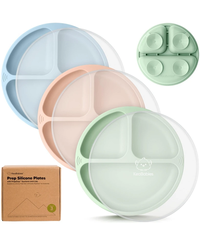 KeaBabies 3-Pack Prep Suction Plates with Lids, 100% Silicone Baby Lid, Bpa-Free Kids Divided Toddler