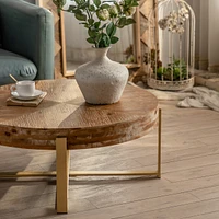 31.29"Modern Retro Splicing Round Coffee Table, Fir Wood Table Top With Gold Cross Legs Base