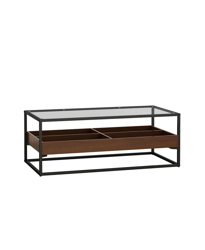 Simplie Fun Rectangle Glass Coffee Table with Storage Shelf