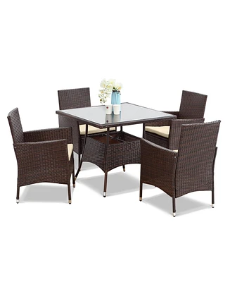 Simplie Fun 5-Pieces Pe Rattan Wicker And Metal Patio Dining Set With Beige Cushions