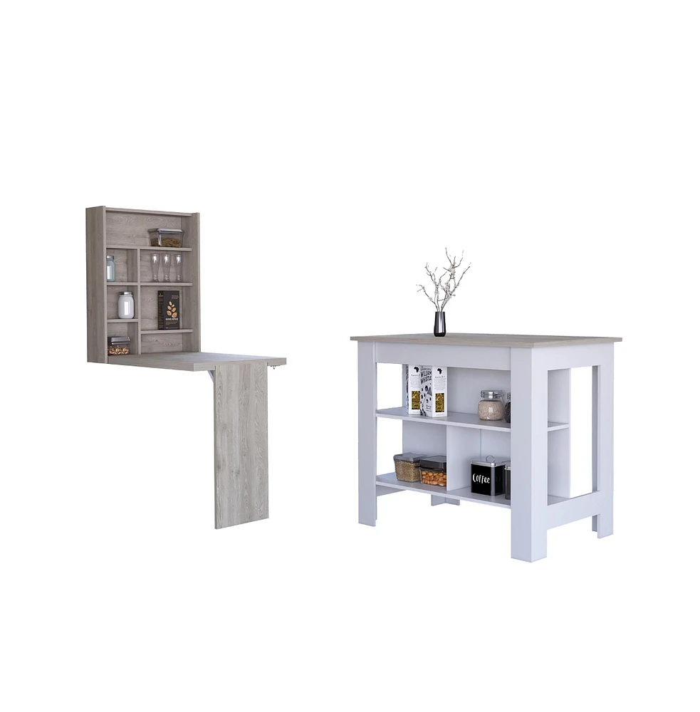 Simplie Fun Wilmington 10 Shelf 2 Piece Kitchen Set, Kitchen Island And Functional Table Whiteand Light Gray