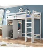 Simplie Fun Twin Loft Bed With Wardrobe, Storage Shelves And Ladder, White