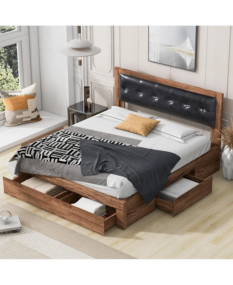 Simplie Fun Queen Size Wood Platform Bed With Upholstered Headboard And 4 Drawers