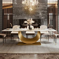 Tribesigns 78.7" Sintered Stone Dining Table, Luxury Kitchen Table with Snowy White Pandora Sintered Stone Tabletop, Dinner Table with Golden Stainles