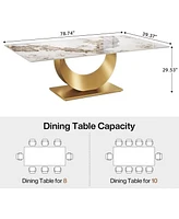 Tribesigns 78.7" Sintered Stone Dining Table, Luxury Kitchen Table with Snowy White Pandora Sintered Stone Tabletop, Dinner Table with Golden Stainles