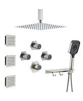 Mondawe 12" Ceiling Mounted Thermostatic Shower System Set with Included Handheld Spray & 6 Body Jets, Brushed Nickel