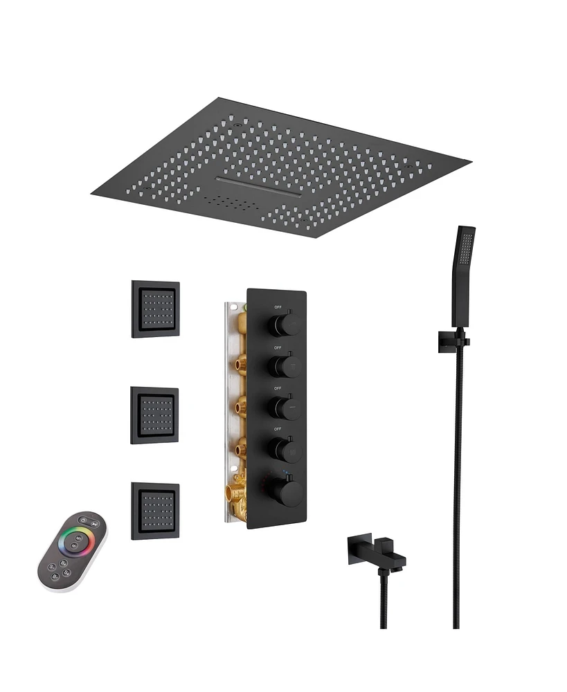 Mondawe 16" Ceiling Mounted Led Music Thermostatic Shower System Set with Handheld Spray & 3 Body Jets, Black