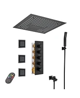 Mondawe 16" Ceiling Mounted Led Music Thermostatic Shower System Set with Handheld Spray & 3 Body Jets, Black