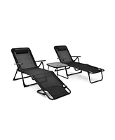 Slickblue 3 Pieces Patio Folding Chaise Lounge Set with Pvc Tabletop-Black