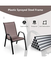 Gymax 4PCS Patio Stacking Dining Chairs w/ Curved Armrests & Breathable Seat Fabric Brown