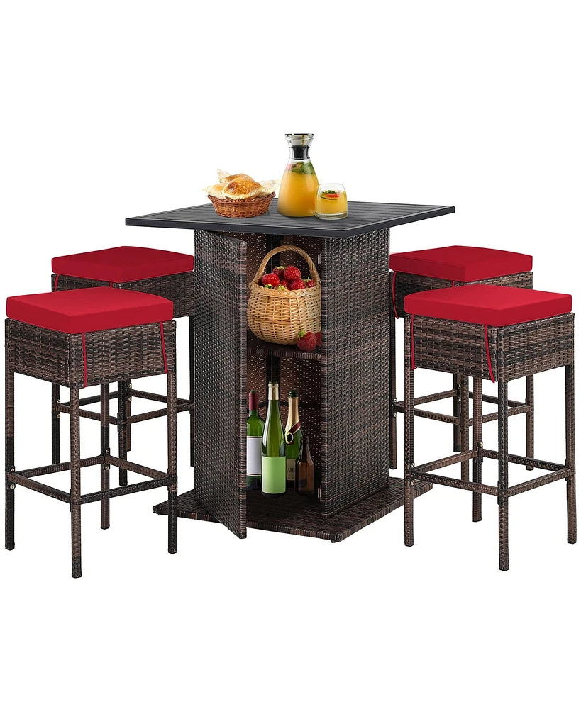 Gymax 5PCS Patio Bar Set Rattan Bar Furniture Set w/ Table & 4 Cushioned Stools Red