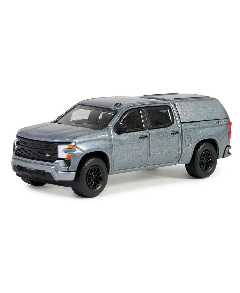 Greenlight Collectibles 1/64 2023 Silverado 1500 w/ Camper Shell Gray Blue Collar