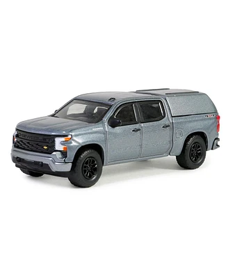 Greenlight Collectibles 1/64 2023 Silverado 1500 w/ Camper Shell Gray Blue Collar