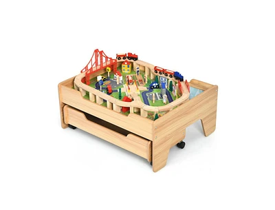 Slickblue Children's Wooden Railway Set Table with 100 Pieces Storage Drawers