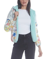 Members Only Women's Faux Rabbit Fur Reversible Bomber Looney Tunes Satin Mashup Print Lining Jacket