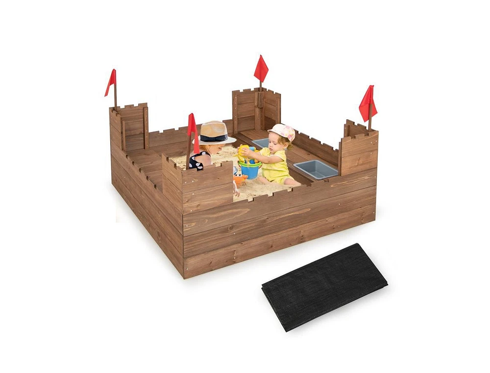 Slickblue Kids Wooden Sandbox with Bottom Liner and Red Flags