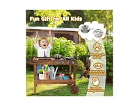 Slickblue Outdoor Movable Mud Kitchen with 2 Rolling Wheels and 1 Push Handle-Natural