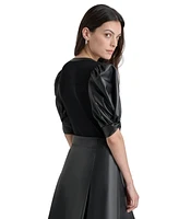 Dkny Women's Faux-Leather Puff-Sleeve Blouse