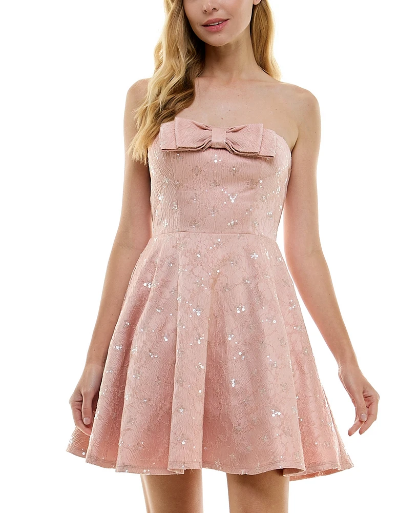 City Studios Juniors' Strapless Bow-Neck Embroidered-Sequin Dress