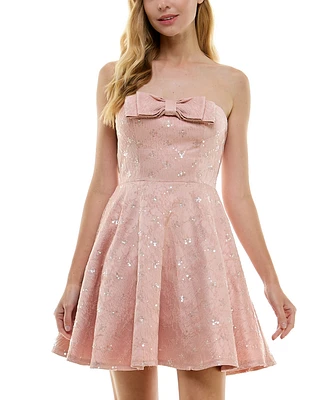 City Studios Juniors' Strapless Bow-Neck Embroidered-Sequin Dress