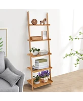 Slickblue 5-Tier Ladder Shelf Bamboo Bookshelf Wall-Leaning Storage Display Plant Stand-Natural