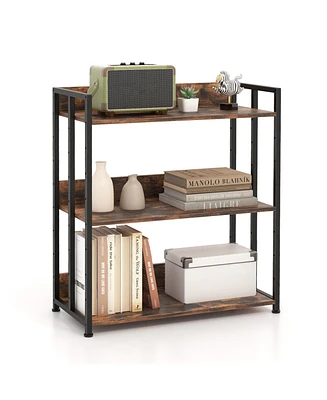 Slickblue 3-Tier Corner Bookcase with Adjustable Shelves and Metal Frame-Rustic Brown