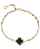 Effy Onyx, White Topaz (1 ct. t.w.) & Diamond (1/8 ct. t.w.) Clover Link Bracelet in 14k Gold