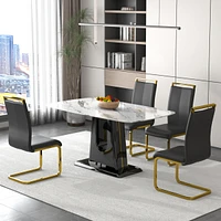 1 table and 4 chairs. Modern, simple and luxurious white imitation marble rectangular dining table and desk with 4 black Pu gold plated leg chairs 63&