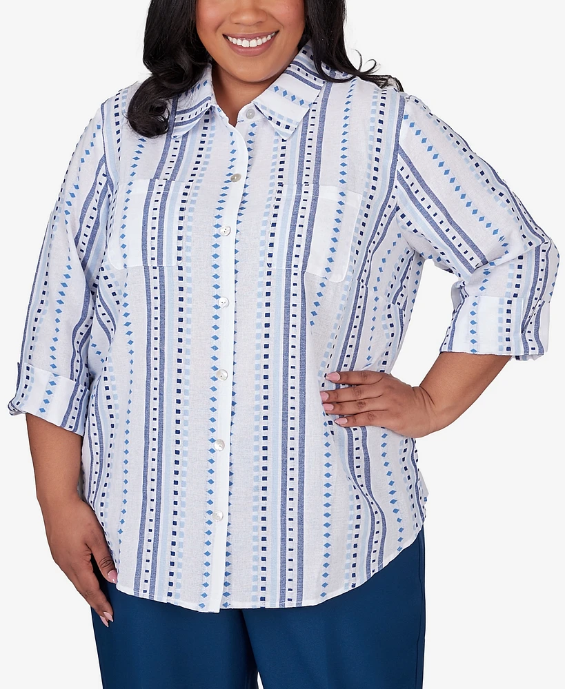 Alfred Dunner Plus Size Classic Jacquard Stripe Collared Button Front Top