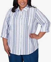 Alfred Dunner Plus Size Classic Jacquard Stripe Collared Button Front Top