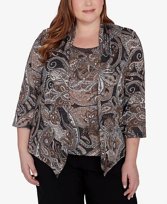 Alfred Dunner Plus Size Classic Metallic Paisley Two In One Top With Necklace