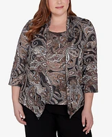 Alfred Dunner Plus Size Classic Metallic Paisley Two In One Top With Necklace