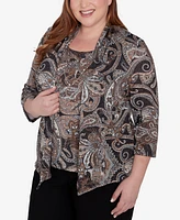 Alfred Dunner Plus Size Classic Metallic Paisley Two In One Top With Necklace