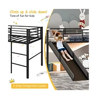 Slickblue Twin Metal Loft Bed with Slide Safety Guardrails and Built-in Ladder