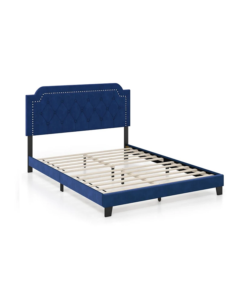 Slickblue Queen Size Velvet Platform Bed with Button Tufted and Nailhead Trim Headboard