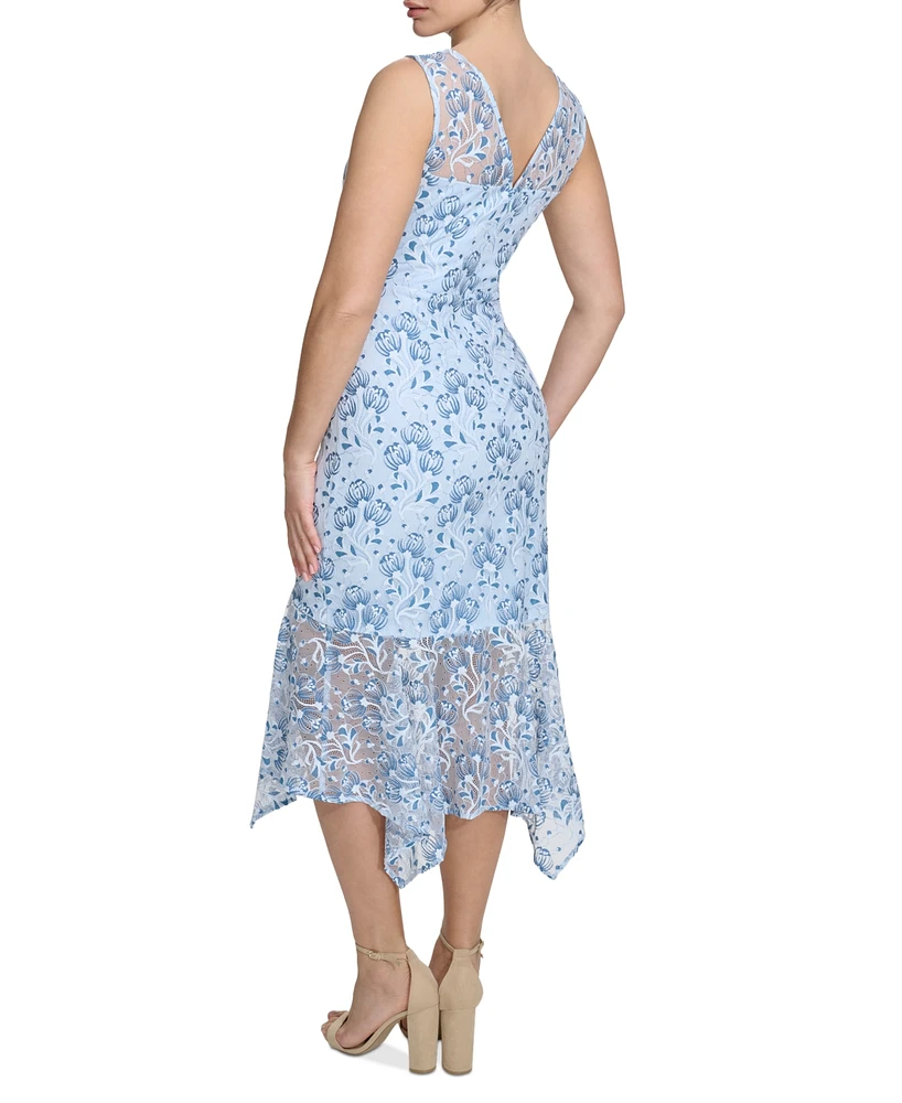 kensie Women's Lace Handkerchief-Hem Midi Dress