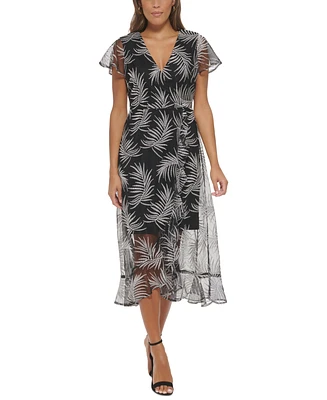 kensie Women's Embroidered-Palm V-Neck Mesh Midi Dress